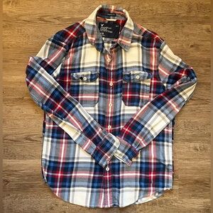 Men’s American Eagle Plaid Flannel Button Up. Red White Blue